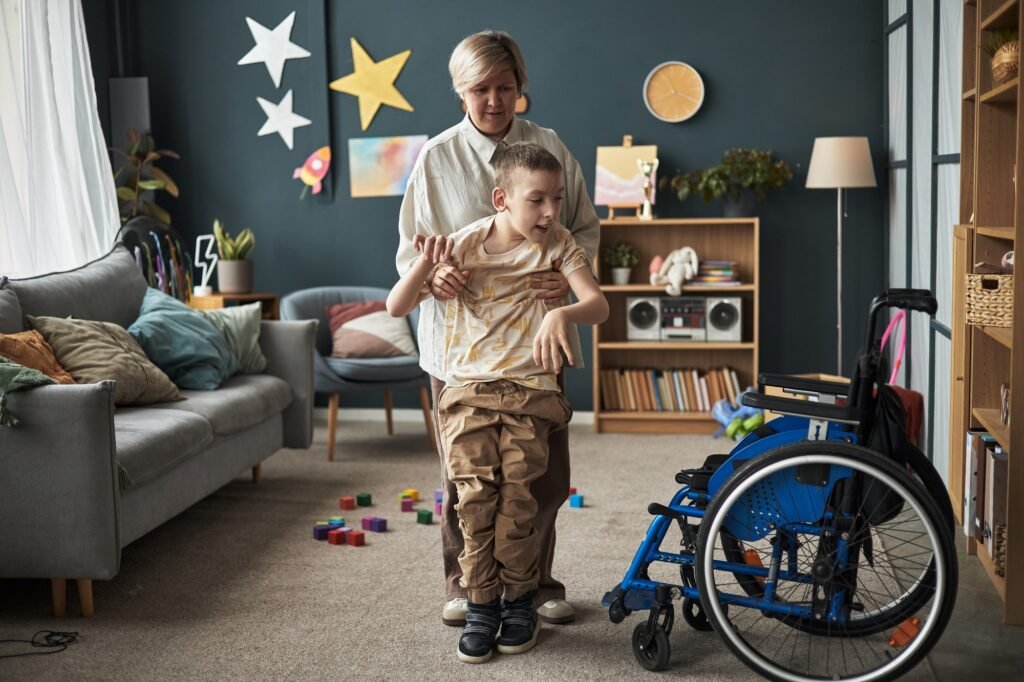Caregiver Assisting Child with Movement in Living Room